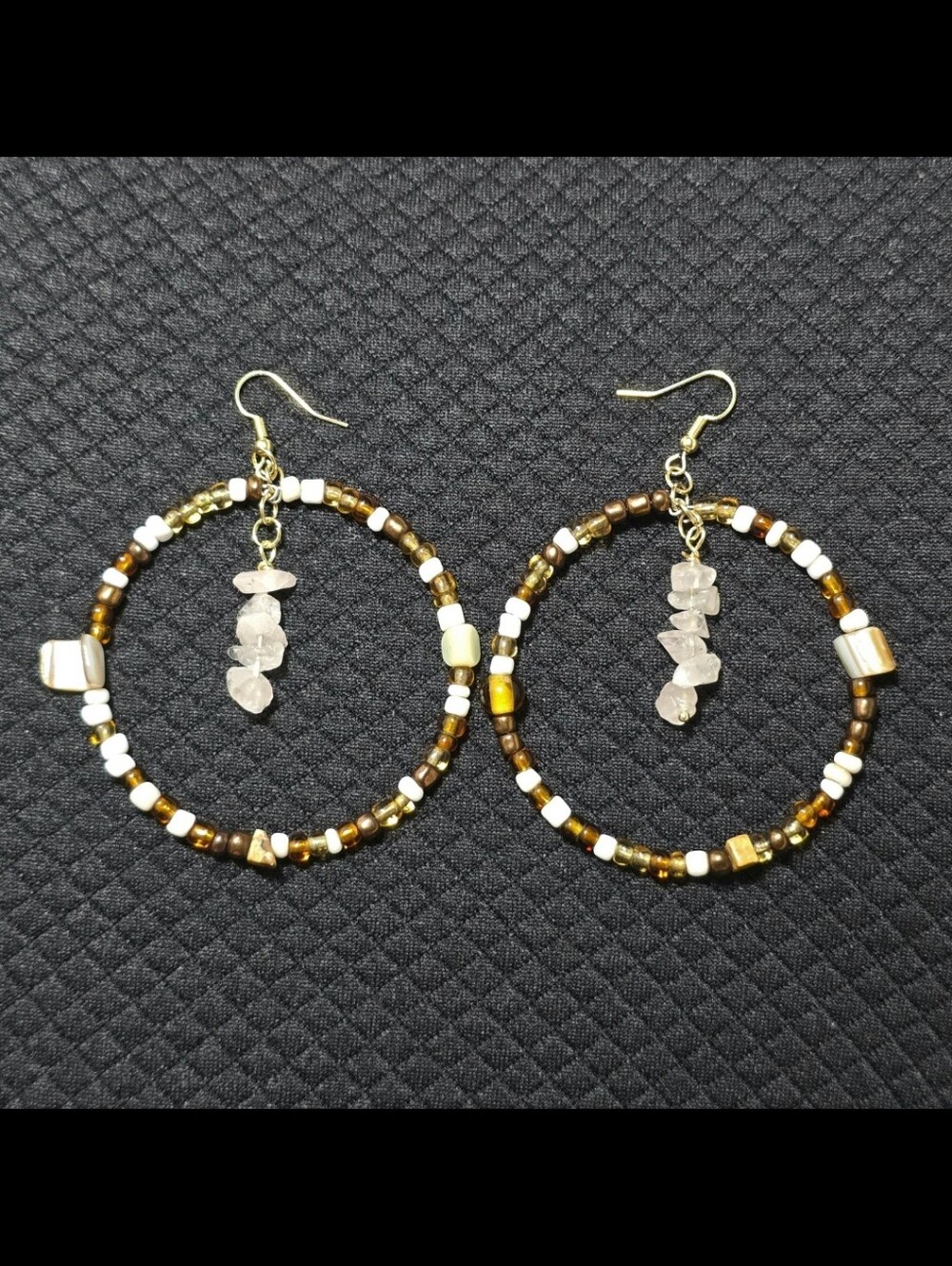 Gold and White Glass Beaded Hoop Earrings with Rose Quartz Chips, Earthy Fall